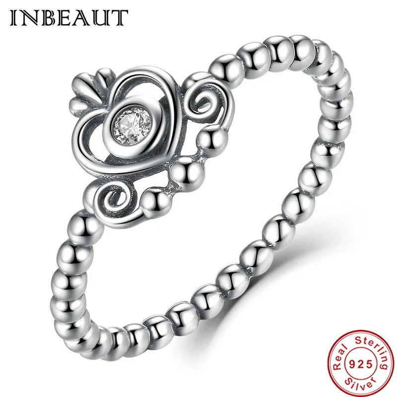 

INBEAUT Wedding Jewelry Women 925 Sterling Silver Princess Royal Crown Heart-shaped Stackable Engagement Ring Female Party Gift