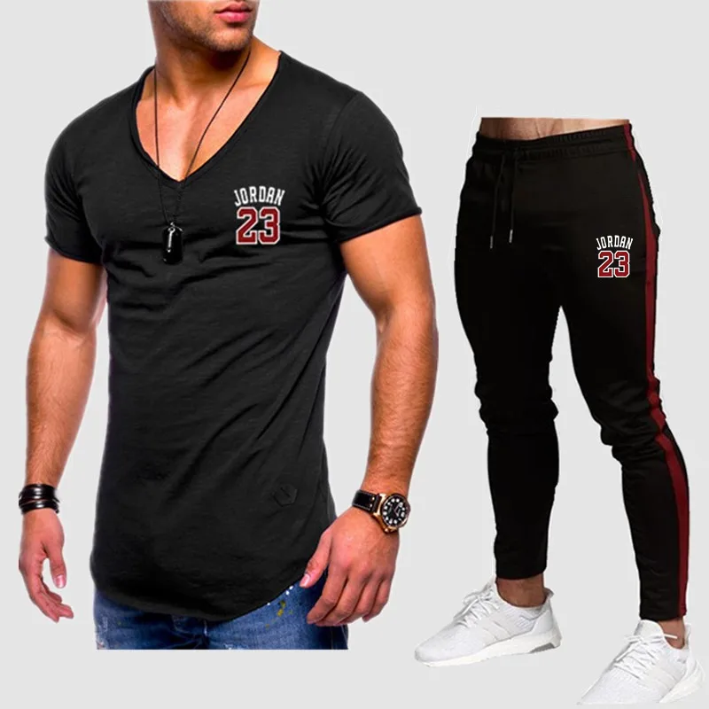 

Summer Sale Men's Sets V collar T Shirts+pants Two Pieces Sets Casual Tracksuit Male 2019 Casual Tshirt Print 23 trousers men