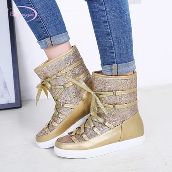 

Korean party style winter warm ankle boots sequin belt buckle lace-up platform low heel wedges snow boots women's shoes