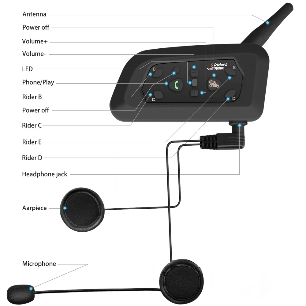 

V6 Helmet Walkie Talkie 1200M Wireless Intercomunicador for 6 riders Motorcycle Interphone Helmet Bluetooth Headset IP65 GPS MP3
