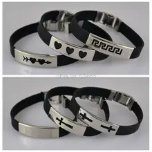 6 шт/лот смешанный стиль черный силиконовый браслет из нержавеющей стали с пряжкой Браслеты Крест Сердце Стрела Купидона модное украшение на запястье
