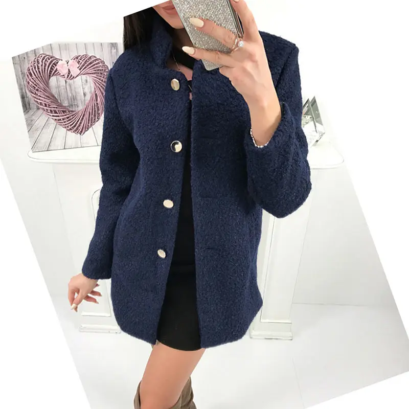 Women Winter Woolen Coat Autumn Casual Solid Color Long Sleeve Pocket Single-Breasted Suit Collar Pink Long Coat Abrigos Fashion (19)