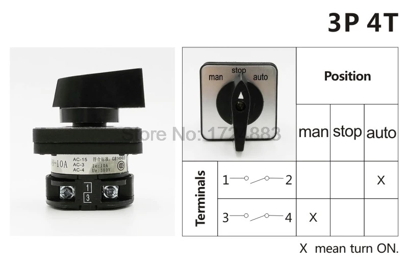 Электрический 3-х позиционный 4 клеммы поворотный кулачковый переключатель 500V 10A LW8-10A