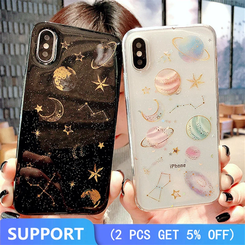 

Glitter Space Planet Phone Cases For iPhone 7 8 X Xs Max Clear Soft TPU Silicone Star Back Cover For iPhone 6 6s Plus Capa Coque