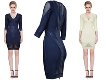 High quality 2015 new dress Navy blue And beige Stretch knit Sexy V-neck Cocktail party Bandage dress (L626)