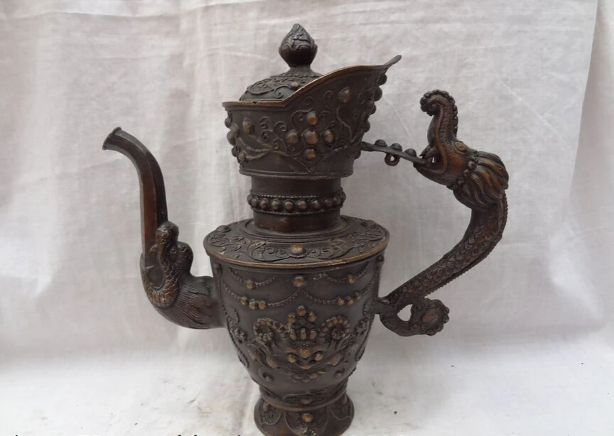 

S5249 10" Chinese Bronze Buddhism Carved Dragon Lion Head Statue Teapot Wine Pot Set D0317