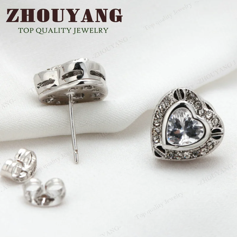 ZHOUYANG Top Quality Three Colour CZ Heart Silver Color Stud Earrings Jewelry Austrian Crystal Wholesale ZYE309