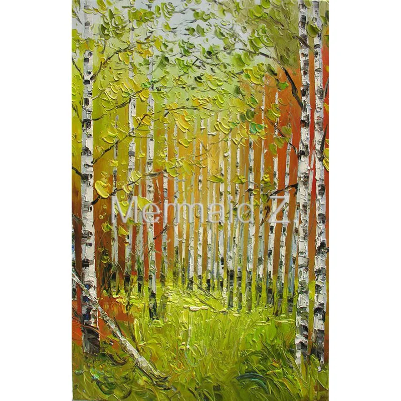 

ORIGINAL Oil Painting Handmade wall Palette Knife Fall Colorful Landscape Forest Trees Yellow White Birch Green Art by Marchella