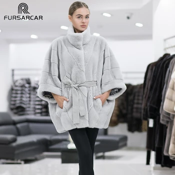 

FURSARCAR 2019 New Batwing Sleeve Natural Real Mink Fur Women High Street Regular Long Genuine Mink Fur Female Coat
