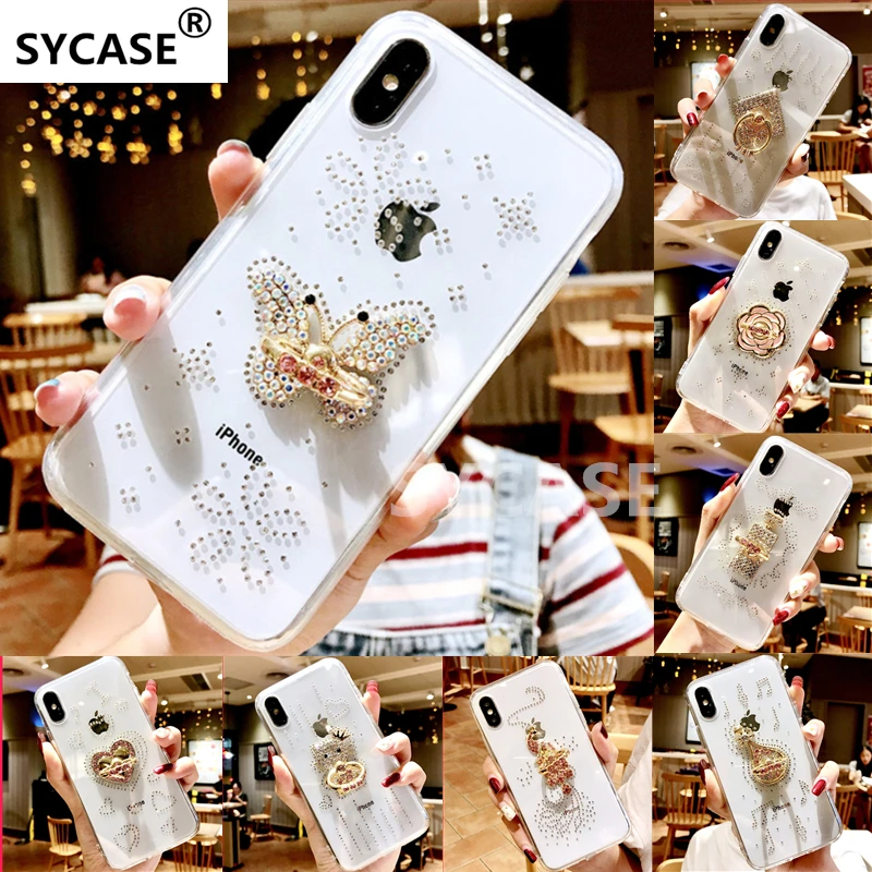 SYCASE Fashion Women Clear Cover For iPhone 6 6S 7 8 Plus X XR Xs Max case Diamond Finger Ring Stand Hold Cute Girl phone |