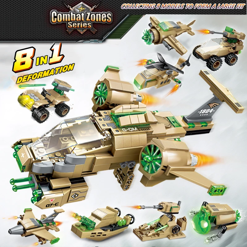 

8 IN 1 Military Series Blocks City Construction Fighter Building Blocks Helicopter Model Bricks Toys Kids
