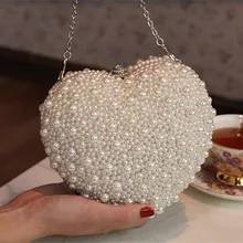 Heart Shaped Clutch Women Handbag Pearls 2017 New Purse Chain Evening Party Bag Wedding Bridal Clutch