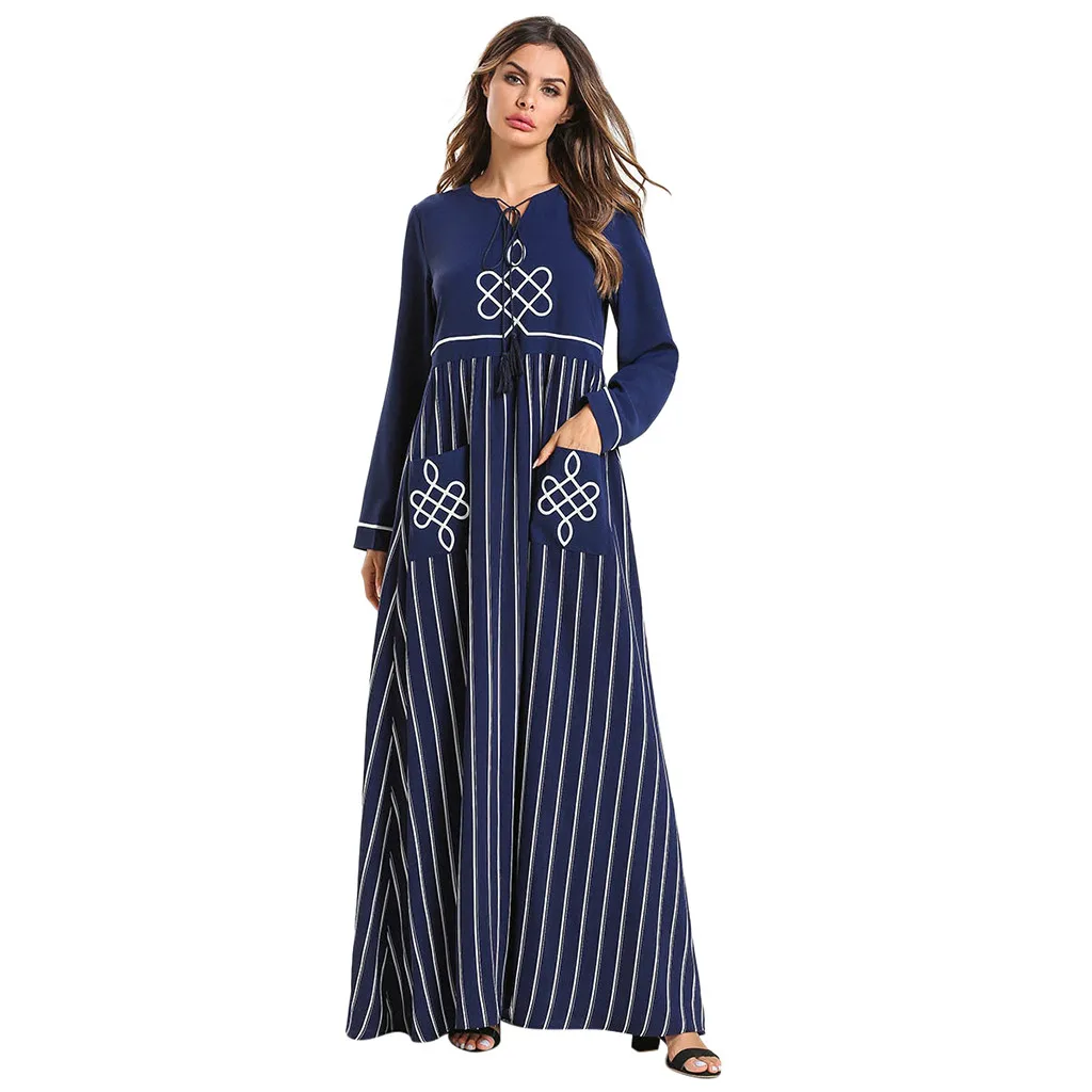 

Ethnic Style Dubai Turkish Muslim women's Minimalist Striped Print Dress Pocket Decoration Blue Dress Ladies Comfort Dresses
