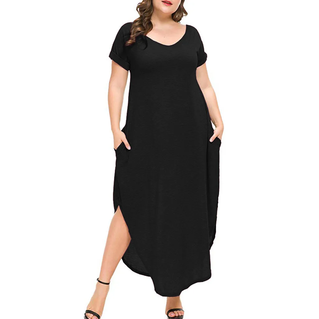 

Dress Plus Size Summer Women Casual Solid Color Loose Dress Short Sleeve V-Neck Side Split Maxi Dresses Sukienka Damska *