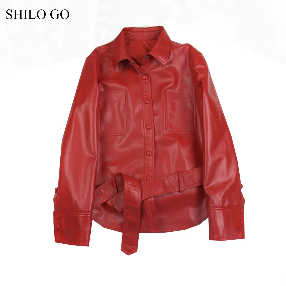 SHILO GO Leather Jacket Womens Spring Fashion sheepskin genuine leather coat lapel collar single breasted bow belt straight coat