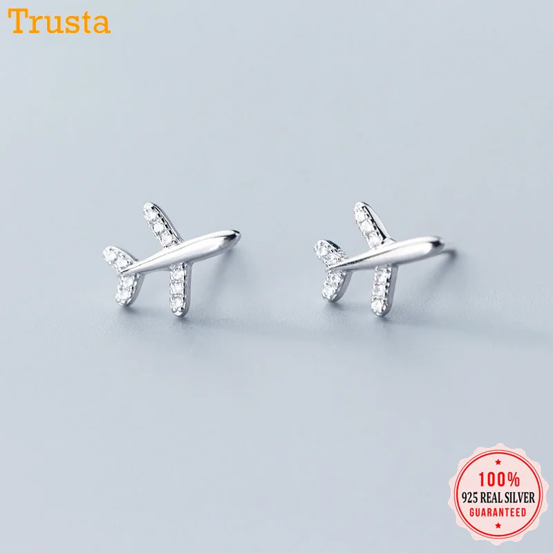 

Trustdavis 100% 925 Solid Real Sterling Sweet Plane Airplane CZ Stud Earrings Gift For Women Girls Kids Lady Jewelry DA305
