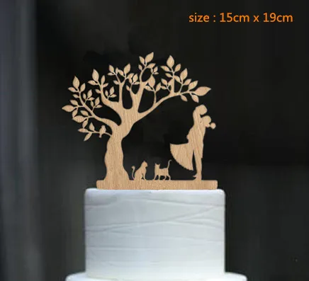 Mixed Style Bride and Groom with Dog and Cat Silhouette Tree Wedding Engagement Cake Topper Rustic Wood free shipping