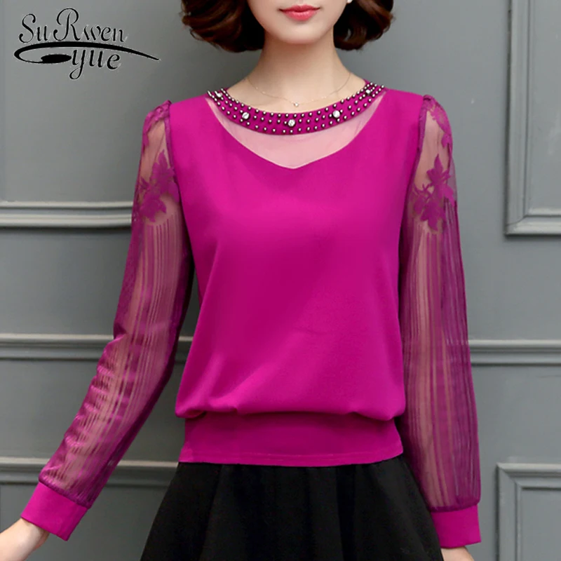 women tops and blouses 2019 Plus size long sleeve women blouse shirt fashion Patchwork Chiffon blouse women Diamond blusa 82H 25