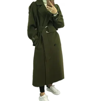 

2019 Fashion Womens Long Woolen Trench Coat Autumn Winter Double-Breasted Trench Army Green Wool Coat Plus Size Overcoat Outwear