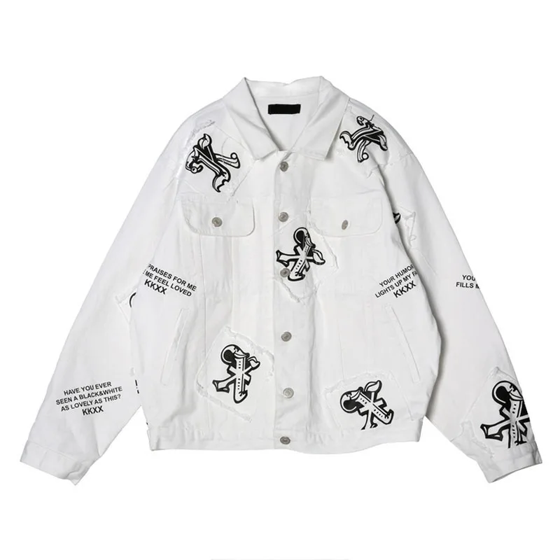 

PERHAPS U women white denim jacket oversize print punk rock and roll C0124
