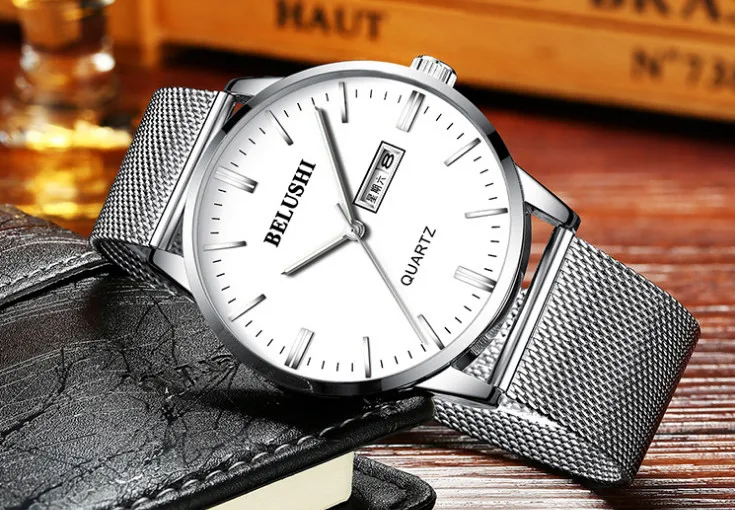 

BELUSHI 2018 Top Brand Mesh Band Business Man Watch Fashion Luxury Date Week Clock Male Saat Simple Black Watch Men