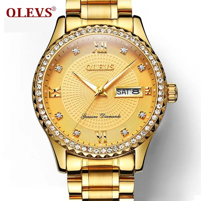 Genuine OLEVS Mens Gold Watches Luxury Quartz Diamond Watch Auto