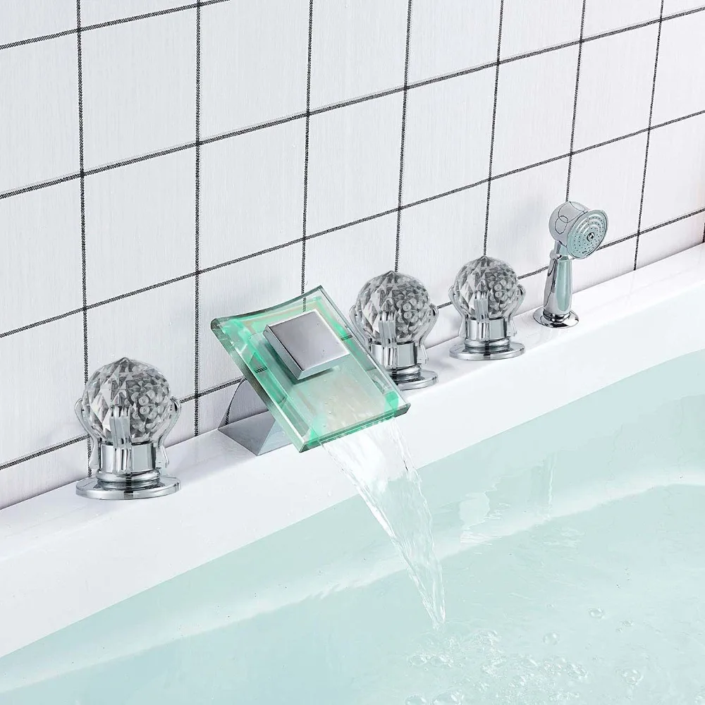 LED Color 5PCS Chrome Bathtub Deck Mounted Waterfall Mixer Tap Shower Faucet Set