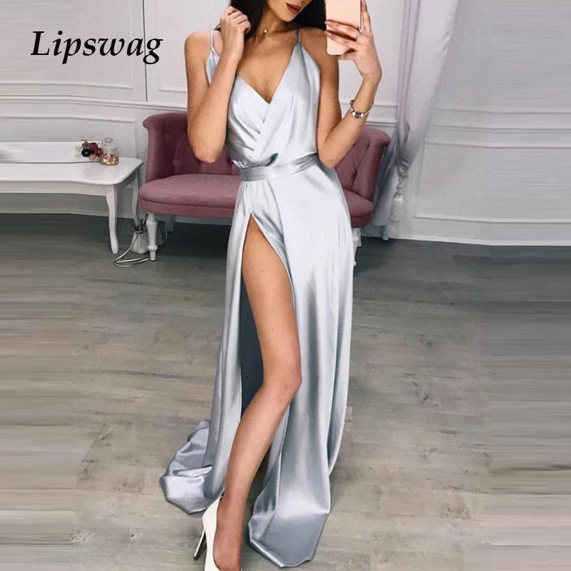 

Lipswag Women Sexy V-neck Off Shoulder High Split Party Dress Summer Spaghetti Strap Long Maxi Dresses 2XL Backless Beach Dress