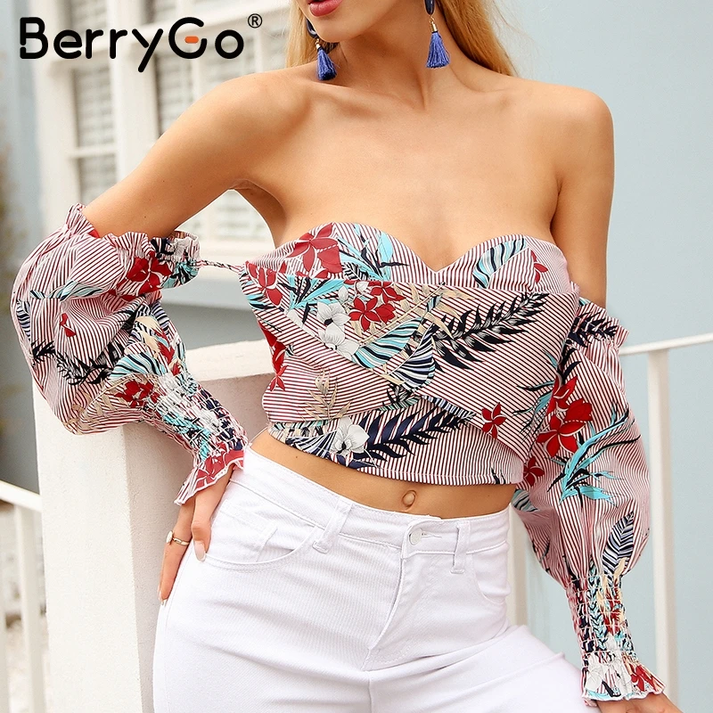 

BerryGo Strapless off shoulder sexy blouse shirt Women vintage print mini shirt tops tees Summer casual ruffle blusas shirt 2018