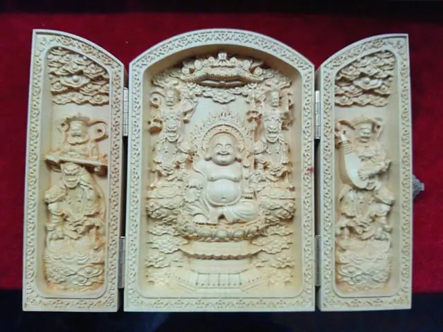 

Decorated Boxwood Highly Difficulty Carved Floding Box Buddha Maitreya Statue