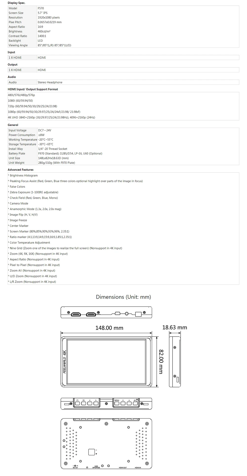 Feelworld F570 5," 4 K HDMI ips Full HD 1920x1080 DSLR камера полевой монитор для DJI Ronin S Zhiyun Crane 2 sony Nikon Canon