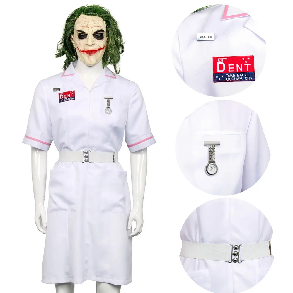 

Batman Joker Nurse White Uniform Horror Movie The Dark Knight Cosplay Halloween Clown Outfit Carnival Costume Mask Party Wear