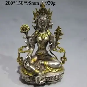 

Tibet Silver Bronze Gilt Bodhisattva Buddha Statue -- White Tara Buddh Copper sculpture home decoration