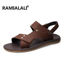 Ramialali/мужские пляжные сандалии; мужские сандалии из натуральной кожи; большие размеры 36-47; Летняя обувь; Повседневная дышащая обувь без застежки