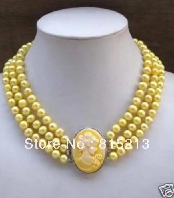 

N1112 3Row Yellow Pearl Necklace Cameo Beauty Clasp % Discount AAA