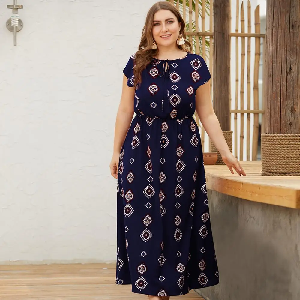 

WHZHM Summer Party Printed Plus Size 3XL 4XL Chiffon Dress Women Long Tunic Lace Up Vadim O-Neck Blue Maxi Printed Dress Female