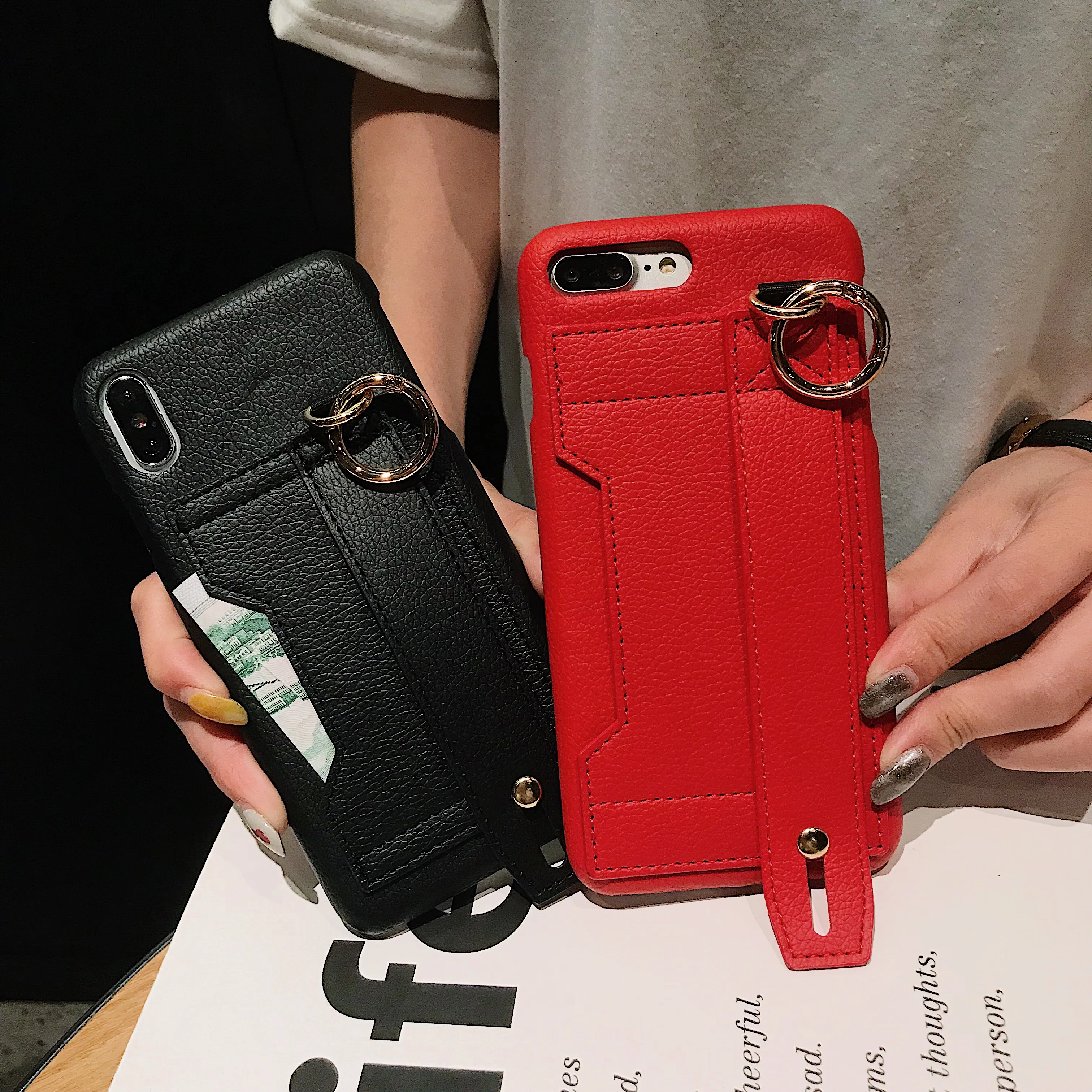 Con la correa de la muñeca de la ranura de la tarjeta para iPhone XS Max Funda de cuero Litchi piel soporte funda Coque para iPhone 8 plus 6 S 6 7 Plus X XR