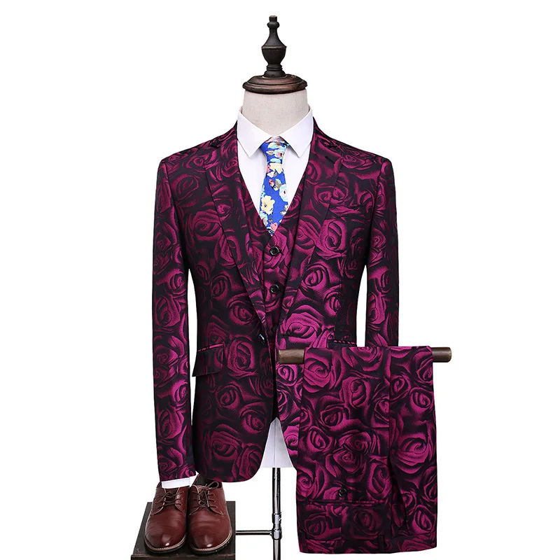 

Rose Pattern Men's Suits Jackets + Vests + Pants Large Size S M L XL 2XL 5XL Wedding Banquet Elegant Gentleman's suit Man