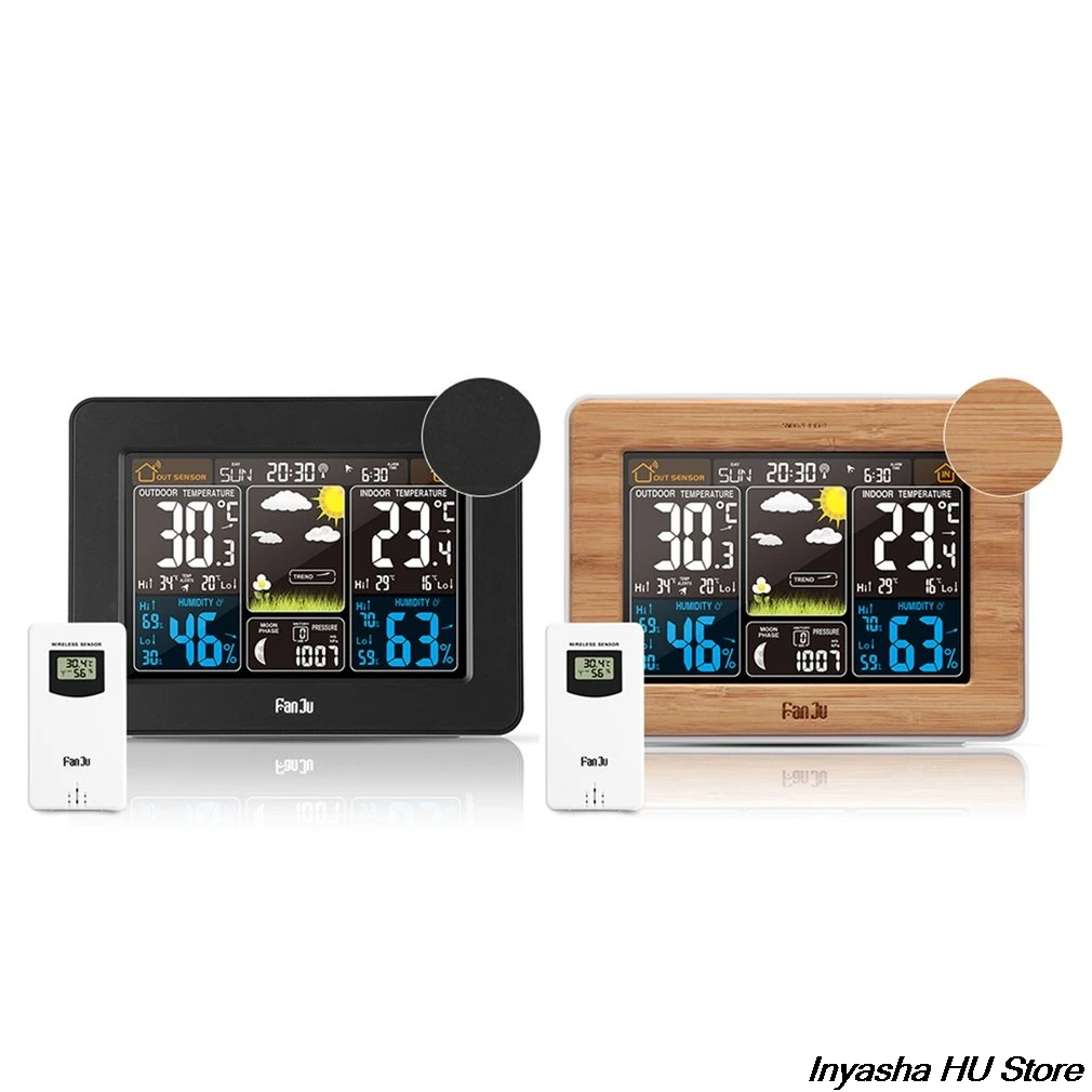 

Colorful weather forecast clock bamboo surface electric wave clock wireless weather clock perpetual calendar FJ3365 -DCF-US