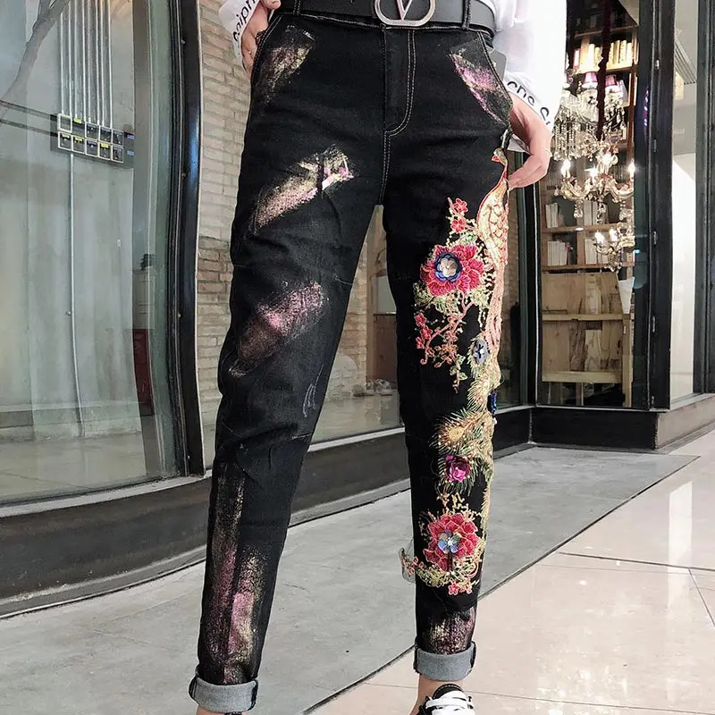 Осенние новые черные джинсы с блестками и декоративным рисунком павлина, шаровары с распылителем, джинсы размера плюс