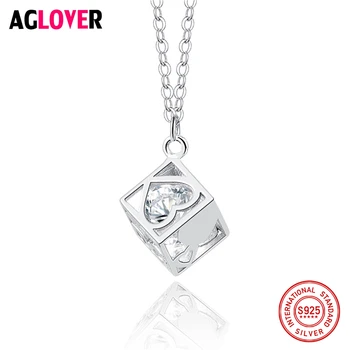 

925 Sterling Silver Square Cube Rhinestones Choker Statement Heart Necklace Women Charm Pendants Necklaces Jewelry