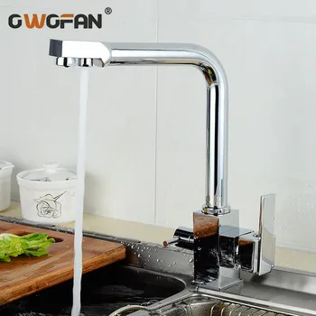 

Modern Chrome Finish Kitchen Basin Faucet High Arch 2 Outlet Dual Handle Square Faucet Hot and Cold Mixer Sink Taps OWO-N22-012