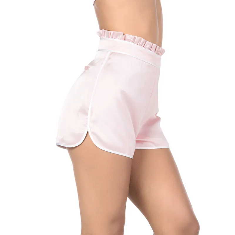 NDUCJSI White Tape Trim Zipper Fly Loose Shorts Ladies Pink High Waist Ruffles Casual Shorts 2018 Summer Satin Chiffon Shorts