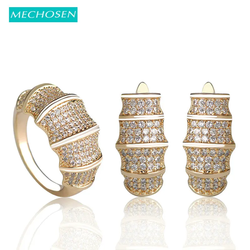 

MECHOSEN New Fashion Simple Elegant OL Style Earrings Ring Sets Cubic Zirconia Copper Gold Set Brincos Aneis Mujer Jewelry Sets