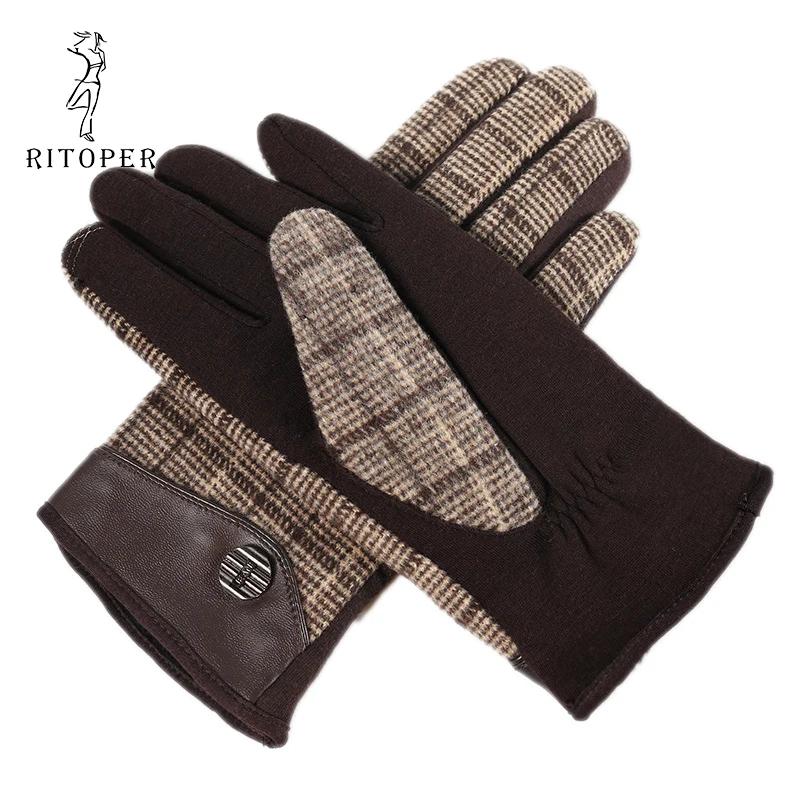 Мужская мода, мужские полосатые клетчатые теплые бархатные перчатки с сенсорным экраном, Кожаные Осенние и зимние ветрозащитные теплые перчатки