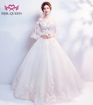 

Beautiful 3D Flower Appliques Wedding Dress Ball Gown Pearls beads Flare Sleeve Elegant Princess Wedding Dresses WX0136