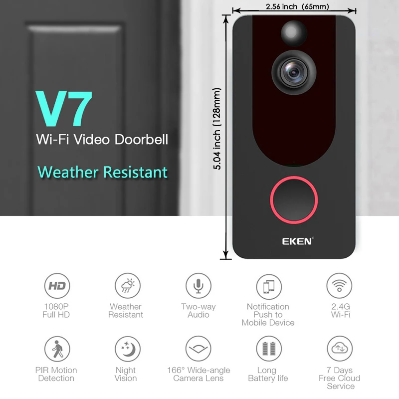 Eken V7 видеодомофон 1080p Full HD видео дверной звонок ночного видения беспроводная