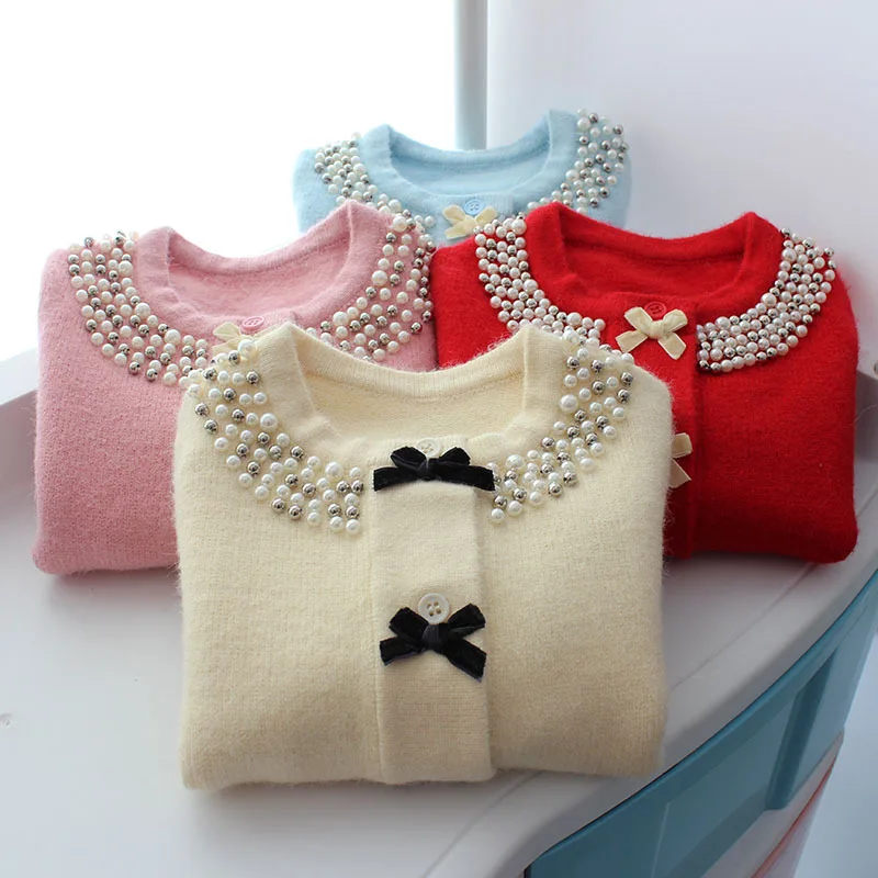 

2019 spring girl beading bowknot clothes cardigan sweaterr soild knitted children's single breasted sweater for kids clothes