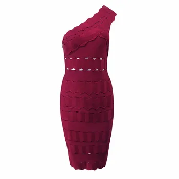 

Women Fashion One Shoulder Sexy Hollow Out Wine Red Rayon Bandage Dress Designer Celebrity Party Dresses
