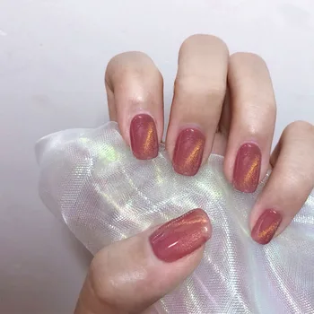 

New Ins beautiful pink orange cat eye UV gel false nails 24pcs Bride full nail tips cute short size fake nails pure color